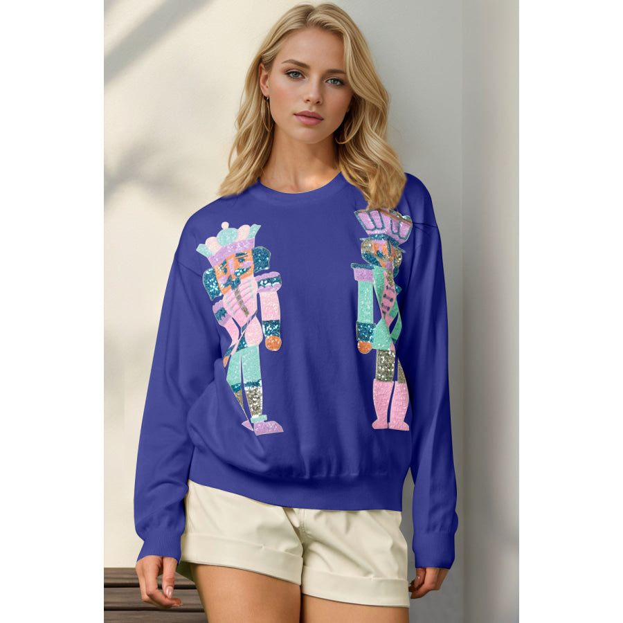 Double Take Full Size Sequin Nutcracker Long Sleeve Sweater Royal Blue / S/M Apparel and Accessories