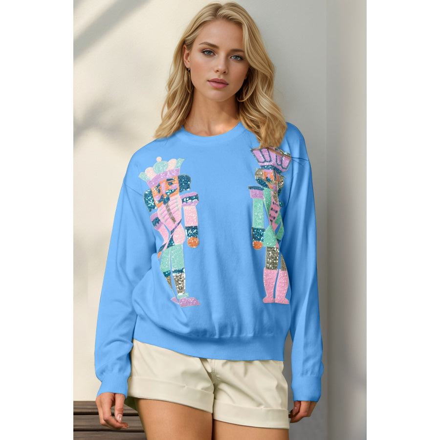 Double Take Full Size Sequin Nutcracker Long Sleeve Sweater Sky Blue / S/M Apparel and Accessories