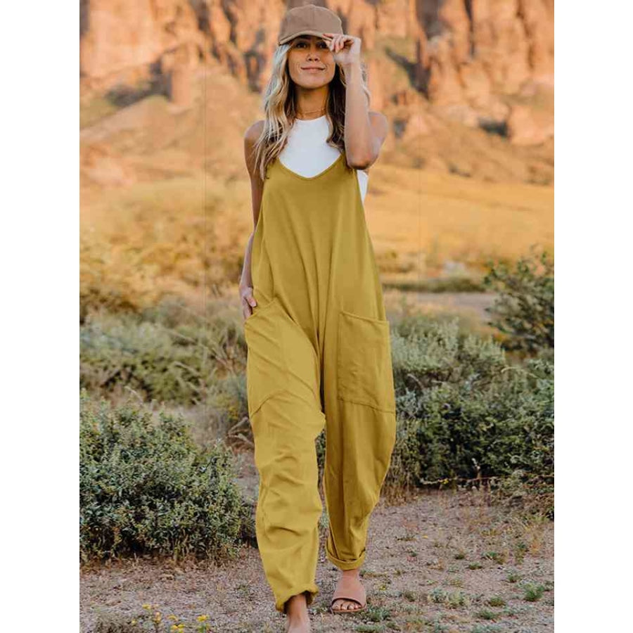 Double Take Full Size Sleeveless V-Neck Pocketed Jumpsuit Banana Yellow / S Apparel and Accessories