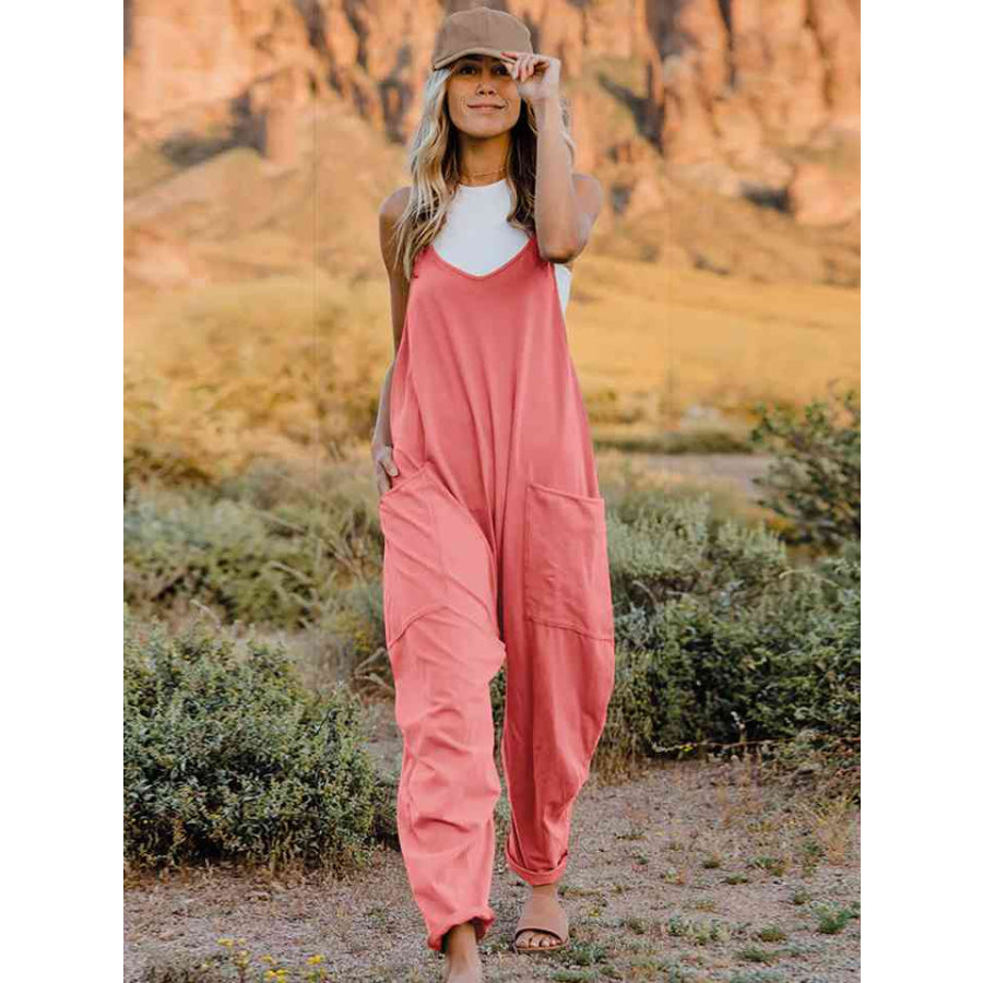 Double Take Full Size Sleeveless V-Neck Pocketed Jumpsuit Coral / S Apparel and Accessories