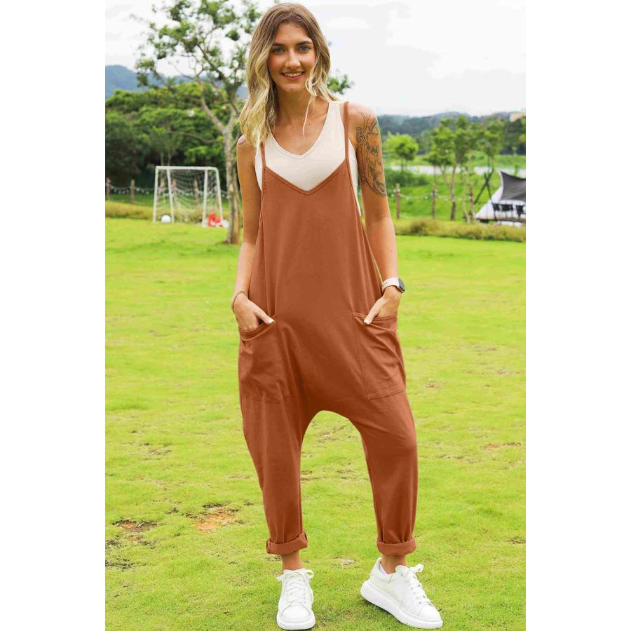 Double Take Full Size Sleeveless V-Neck Pocketed Jumpsuit Ochre / S Overalls