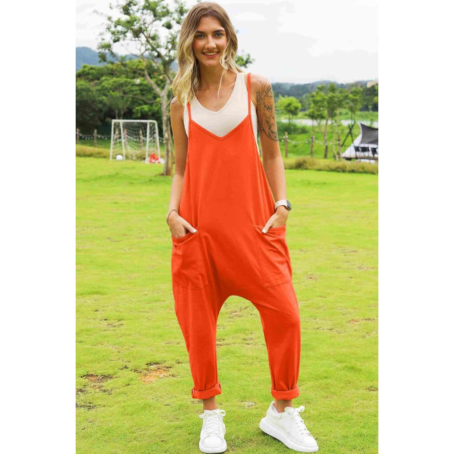 Double Take Full Size Sleeveless V-Neck Pocketed Jumpsuit Orange / S Overalls