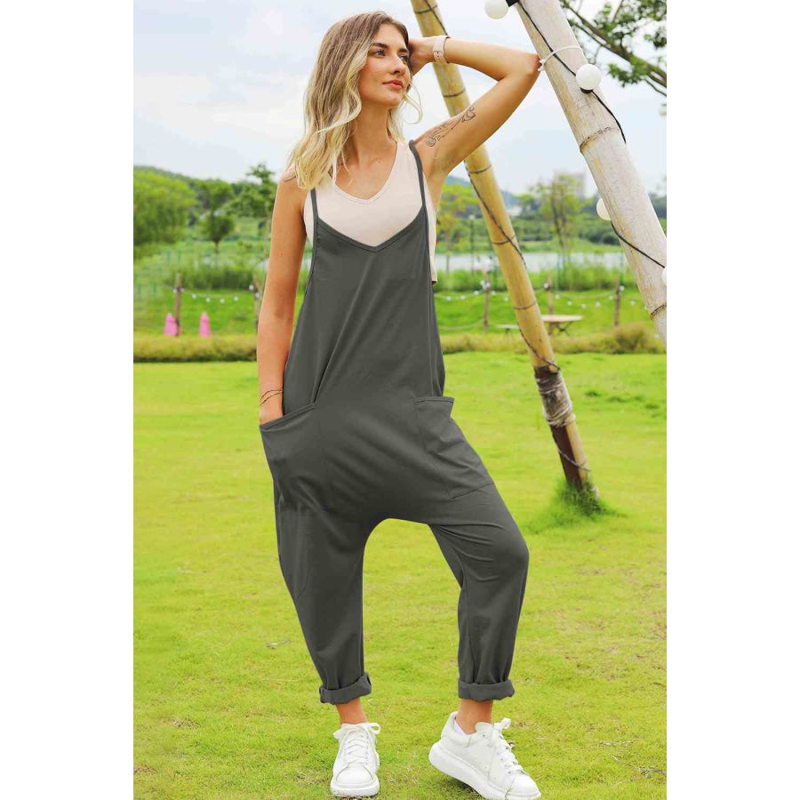 Double Take Full Size Sleeveless V-Neck Pocketed Jumpsuit Charcoal / S Overalls