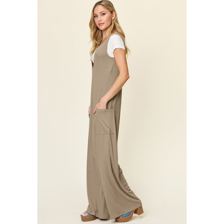 Double Take Full Size Sleeveless Wide Leg Jumpsuit with Pockets Apparel and Accessories