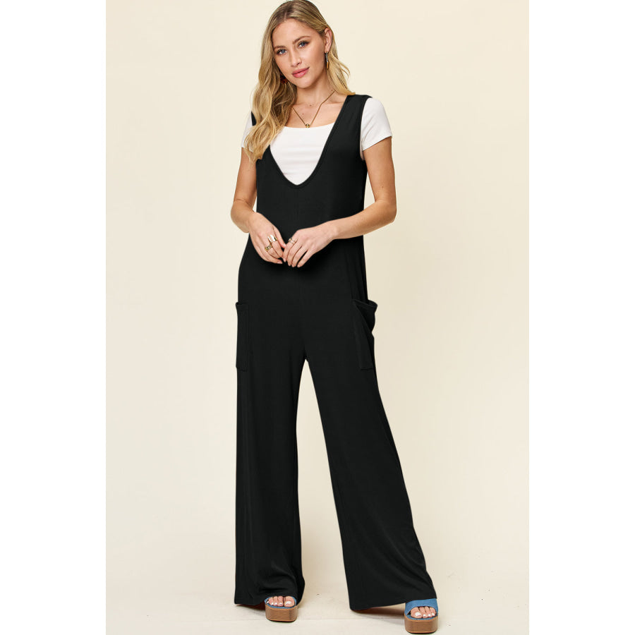 Double Take Full Size Sleeveless Wide Leg Jumpsuit with Pockets Black / S Apparel and Accessories