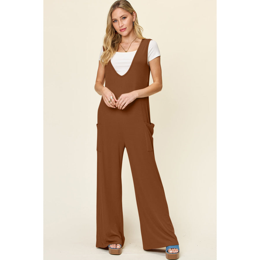 Double Take Full Size Sleeveless Wide Leg Jumpsuit with Pockets Brown / S Apparel and Accessories