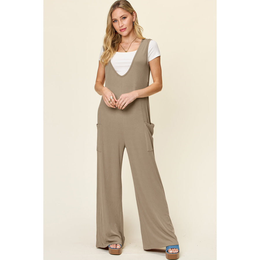 Double Take Full Size Sleeveless Wide Leg Jumpsuit with Pockets Mocha / S Apparel and Accessories