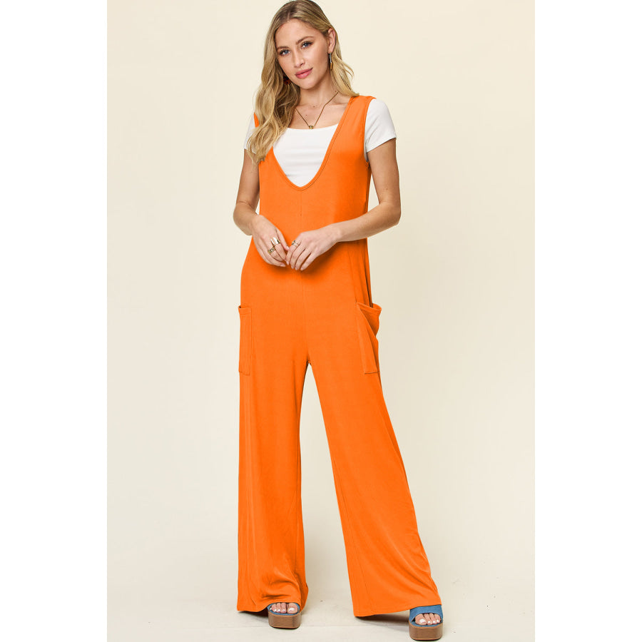 Double Take Full Size Sleeveless Wide Leg Jumpsuit with Pockets Tangerine / S Apparel and Accessories