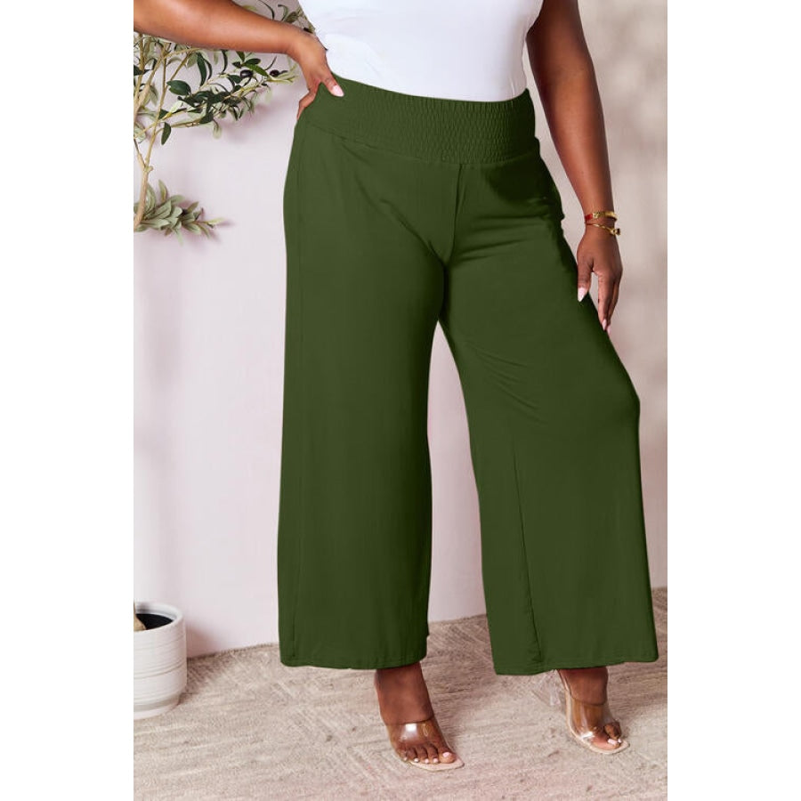Double Take Full Size Smocked Wide Waistband Wide Leg Pants Army Green / S