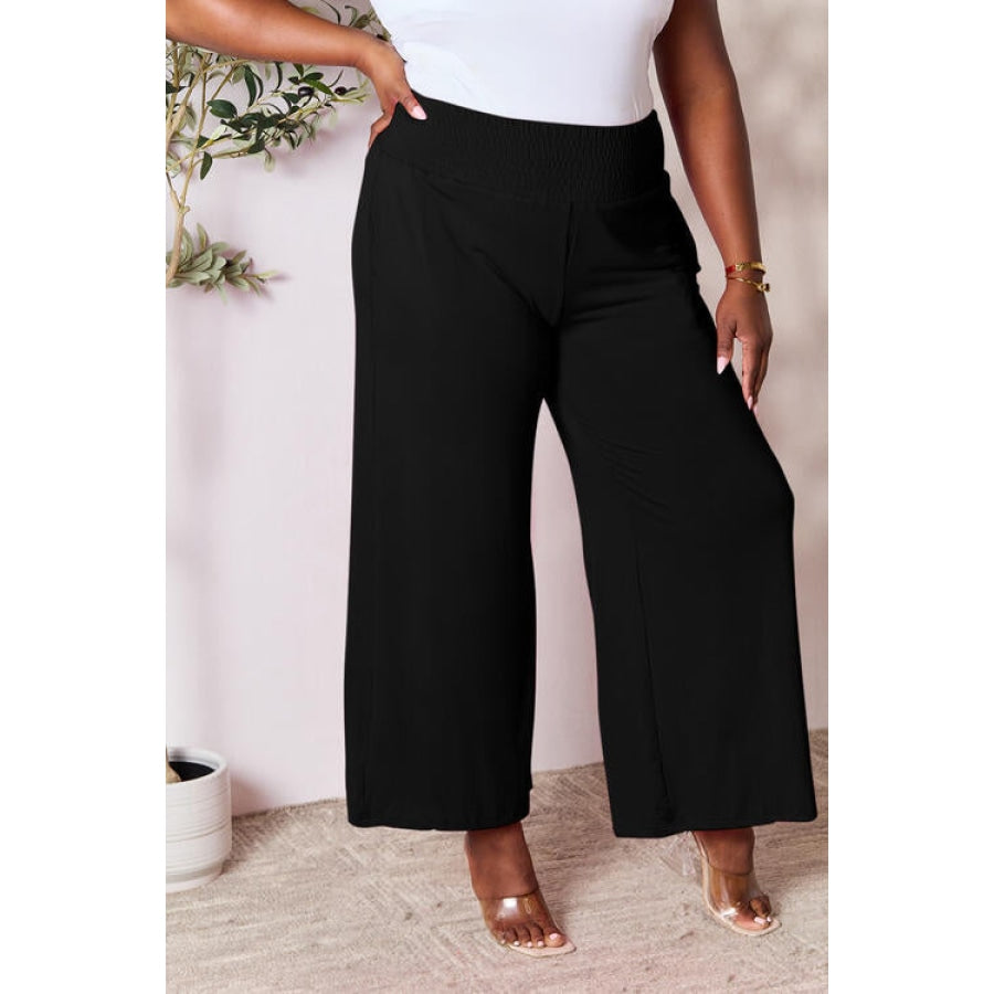 Double Take Full Size Smocked Wide Waistband Wide Leg Pants Black / S