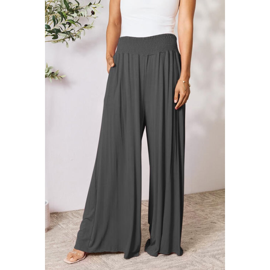 Double Take Full Size Smocked Wide Waistband Wide Leg Pants Charcoal / S