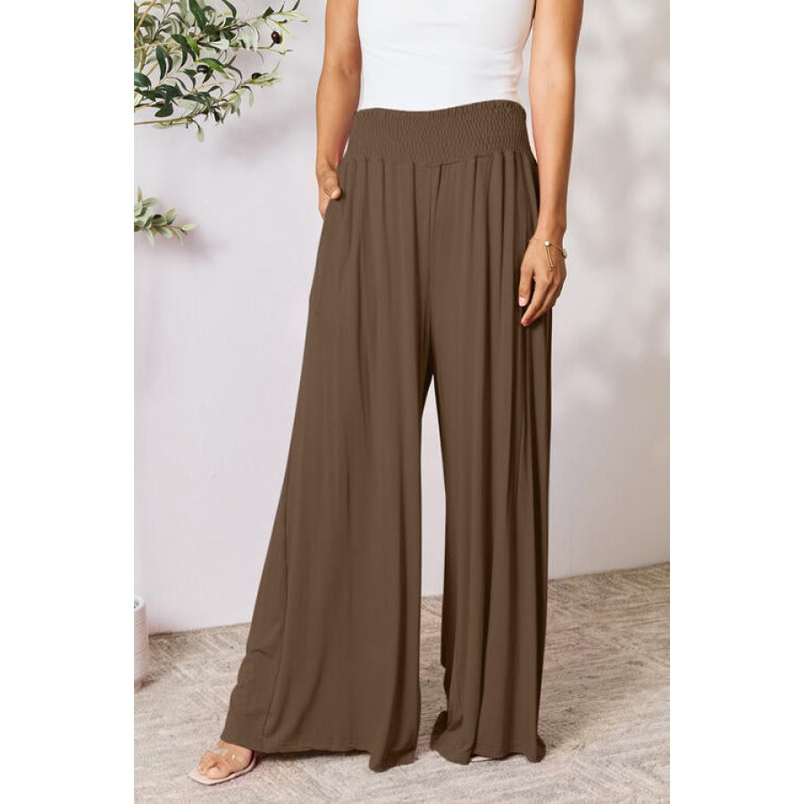 Double Take Full Size Smocked Wide Waistband Wide Leg Pants Coffee Brown / S