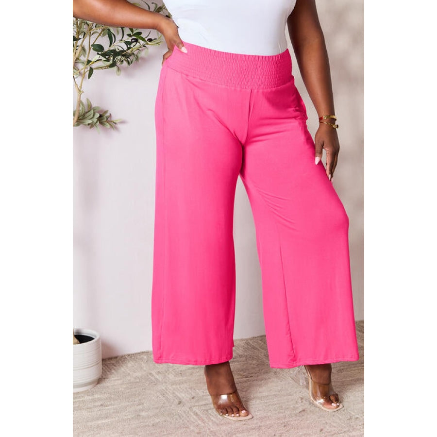 Double Take Full Size Smocked Wide Waistband Wide Leg Pants Hot Pink / S