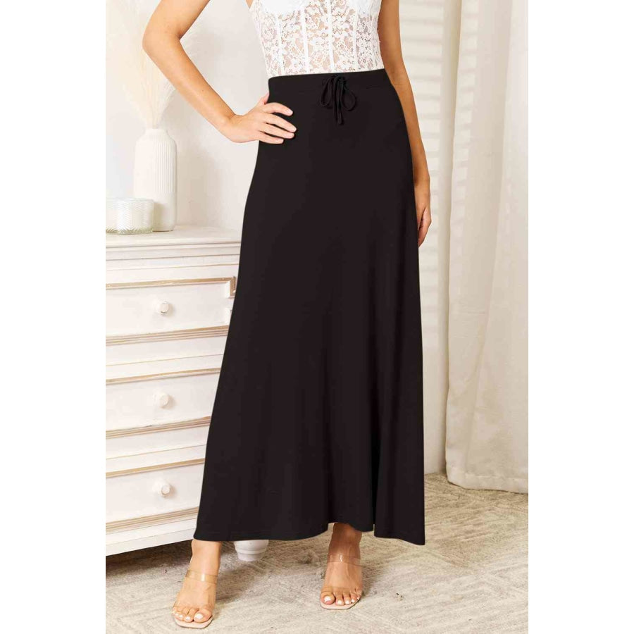 Double Take Full Size Soft Rayon Drawstring Waist Maxi Skirt Rayon Black / S