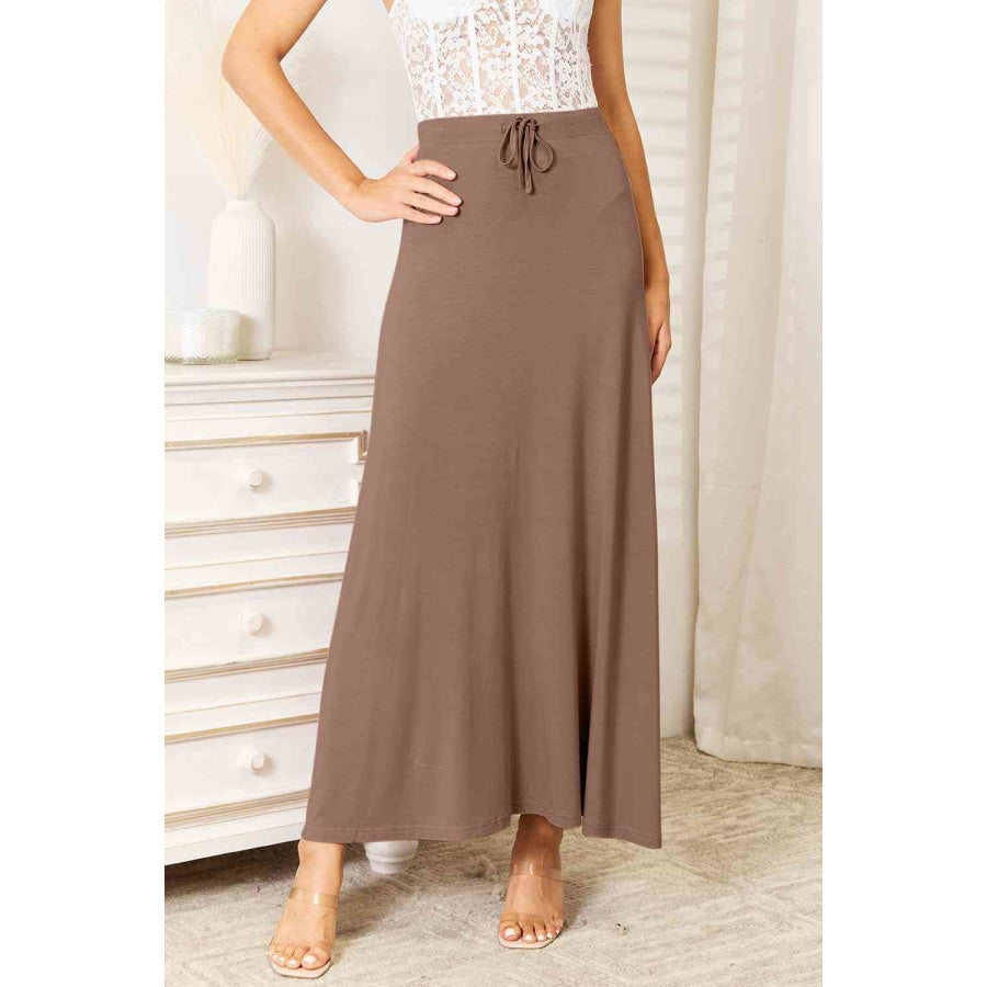 Double Take Full Size Soft Rayon Drawstring Waist Maxi Skirt Rayon Taupe / S