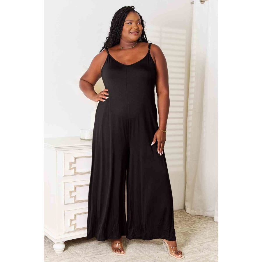 Double Take Full Size Soft Rayon Spaghetti Strap Tied Wide Leg Jumpsuit Black / S