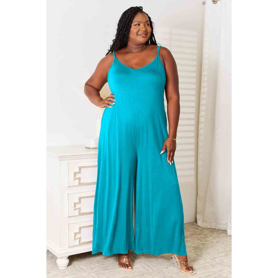Double Take Full Size Soft Rayon Spaghetti Strap Tied Wide Leg Jumpsuit Sky Blue / S