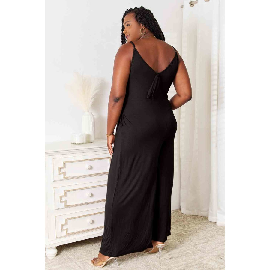 Double Take Full Size Soft Rayon Spaghetti Strap Tied Wide Leg Jumpsuit