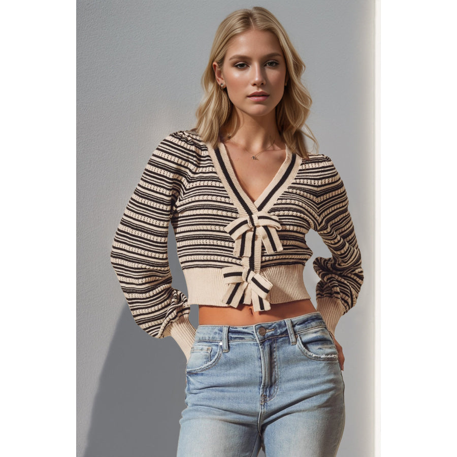 Double Take Full Size Striped Bow Decor Cropped Cardigan Black / S/M Apparel and Accessories