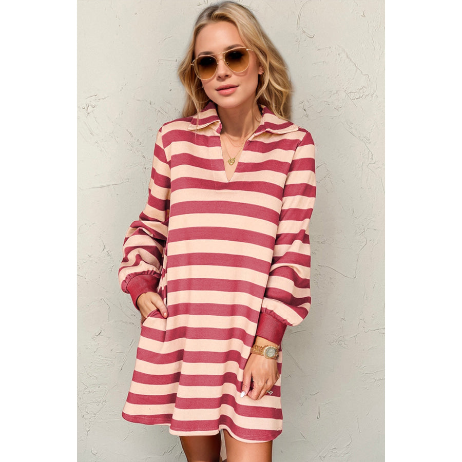 Double Take Full Size Striped Contrast Collared Neck Long Sleeve Dress Deep Rose / S Apparel and Accessories