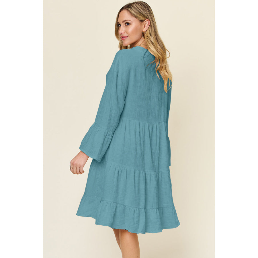 Double Take Full Size Texture Button Up Ruffle Hem Dress Apparel and Accessories