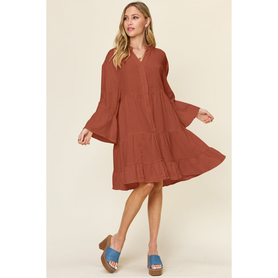 Double Take Full Size Texture Button Up Ruffle Hem Dress Apparel and Accessories