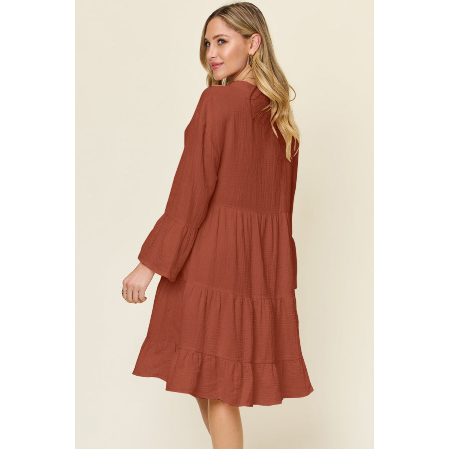 Double Take Full Size Texture Button Up Ruffle Hem Dress Apparel and Accessories