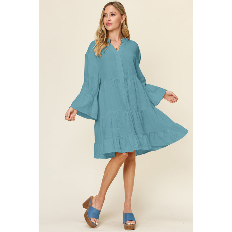 Double Take Full Size Texture Button Up Ruffle Hem Dress Apparel and Accessories