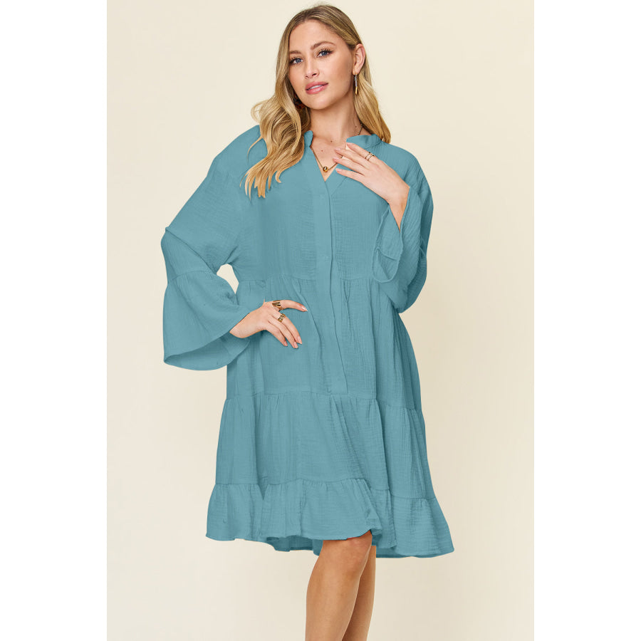 Double Take Full Size Texture Button Up Ruffle Hem Dress Cerulean / S Apparel and Accessories