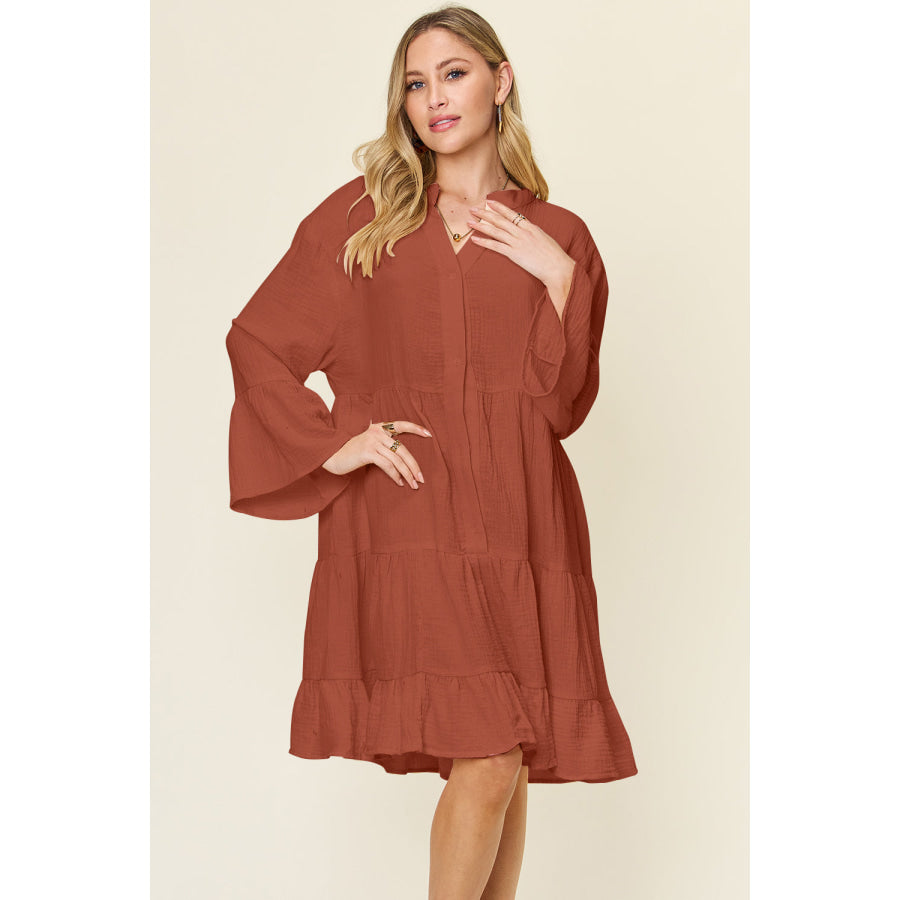 Double Take Full Size Texture Button Up Ruffle Hem Dress Rust / S Apparel and Accessories