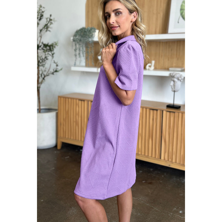 Double Take Full Size Texture Collared Neck Short Sleeve Dress Apparel and Accessories