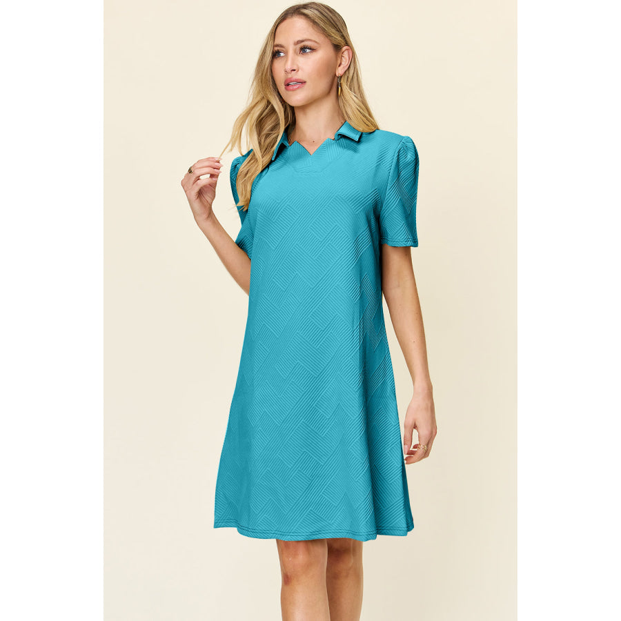 Double Take Full Size Texture Collared Neck Short Sleeve Dress Apparel and Accessories