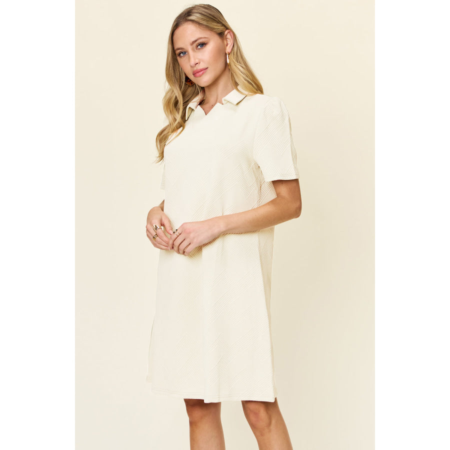 Double Take Full Size Texture Collared Neck Short Sleeve Dress Apparel and Accessories