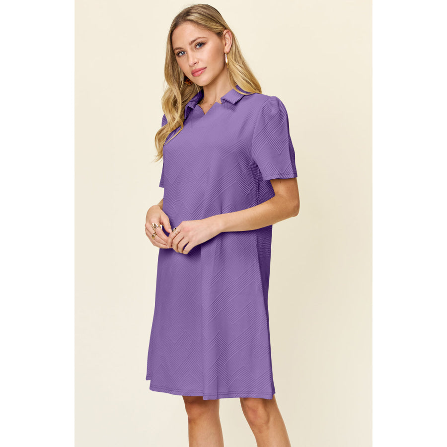 Double Take Full Size Texture Collared Neck Short Sleeve Dress Apparel and Accessories