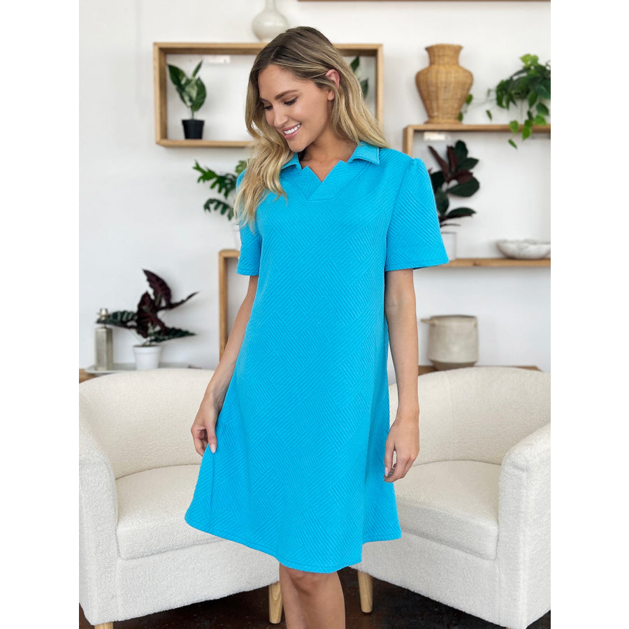 Double Take Full Size Texture Collared Neck Short Sleeve Dress Apparel and Accessories