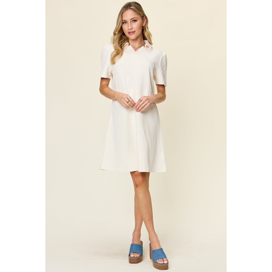 Double Take Full Size Texture Collared Neck Short Sleeve Dress Apparel and Accessories