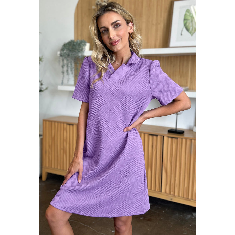 Double Take Full Size Texture Collared Neck Short Sleeve Dress Apparel and Accessories