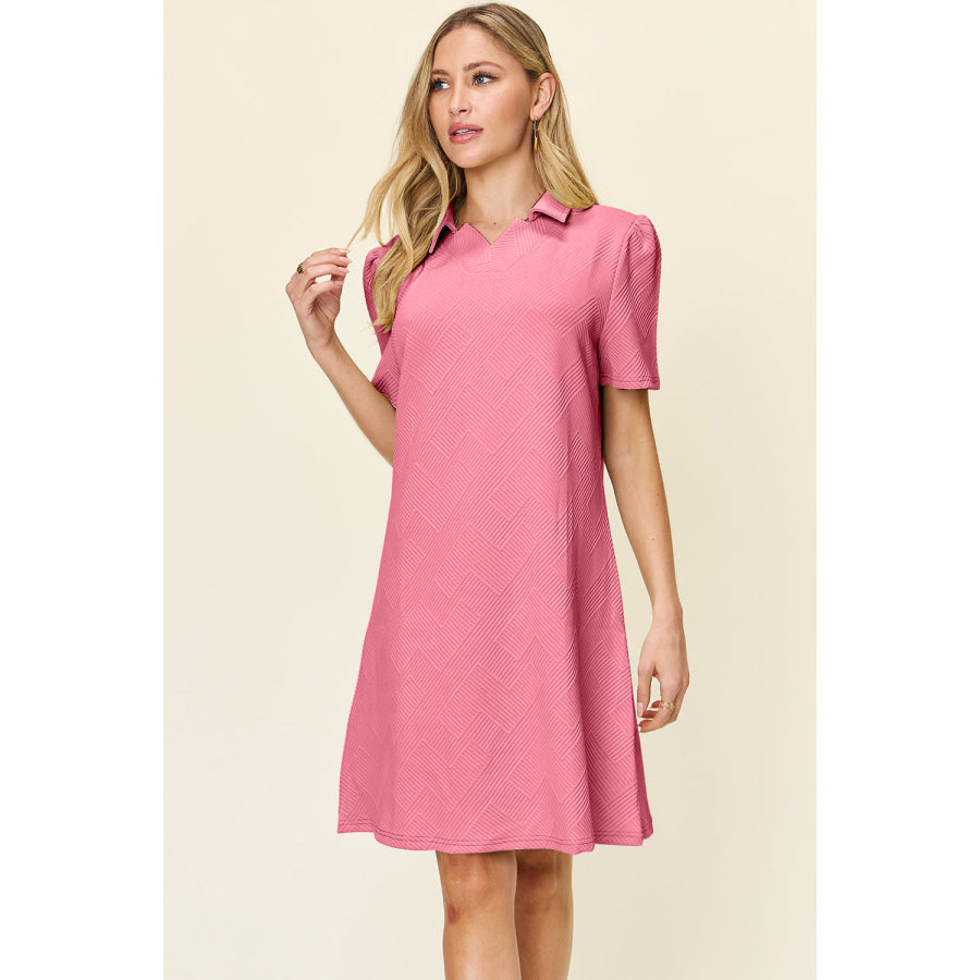 Double Take Full Size Texture Collared Neck Short Sleeve Dress Apparel and Accessories