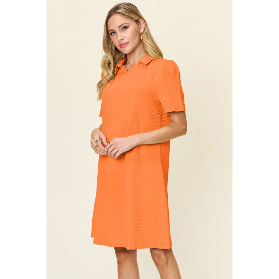 Double Take Full Size Texture Collared Neck Short Sleeve Dress Apparel and Accessories