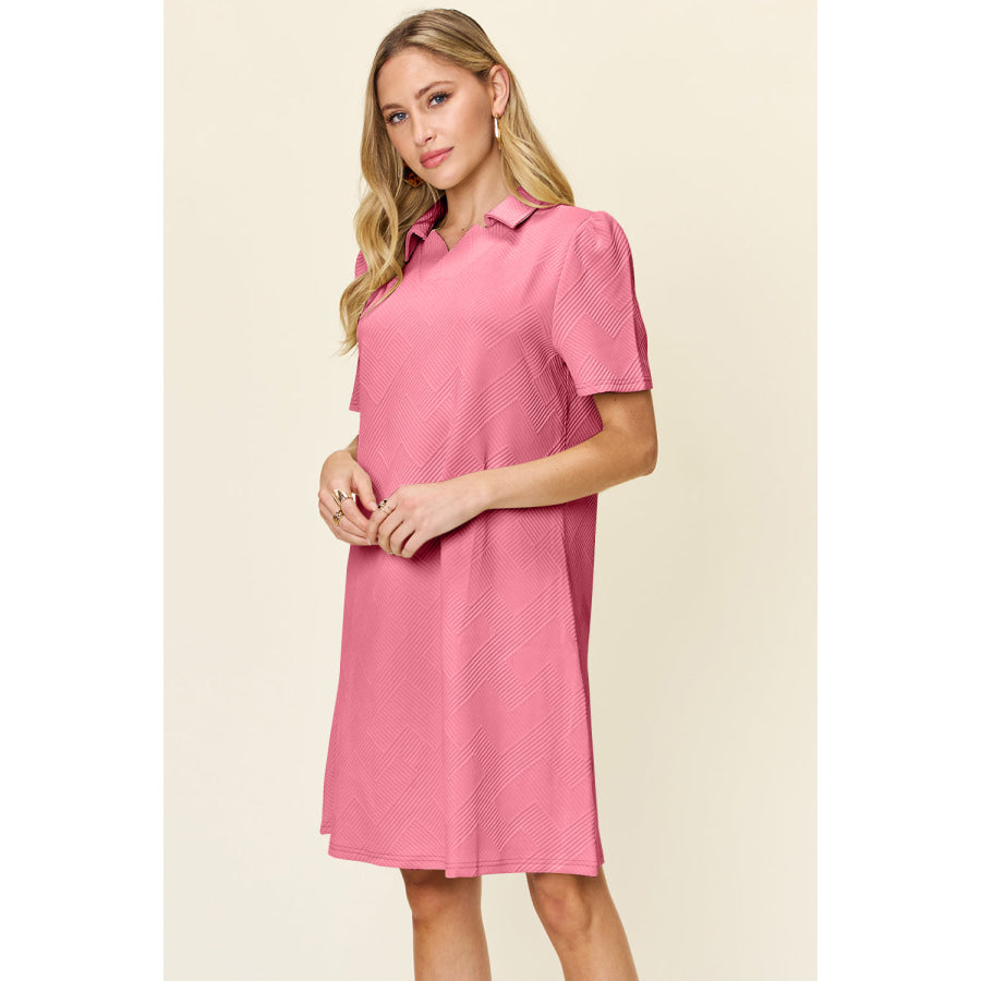 Double Take Full Size Texture Collared Neck Short Sleeve Dress Apparel and Accessories