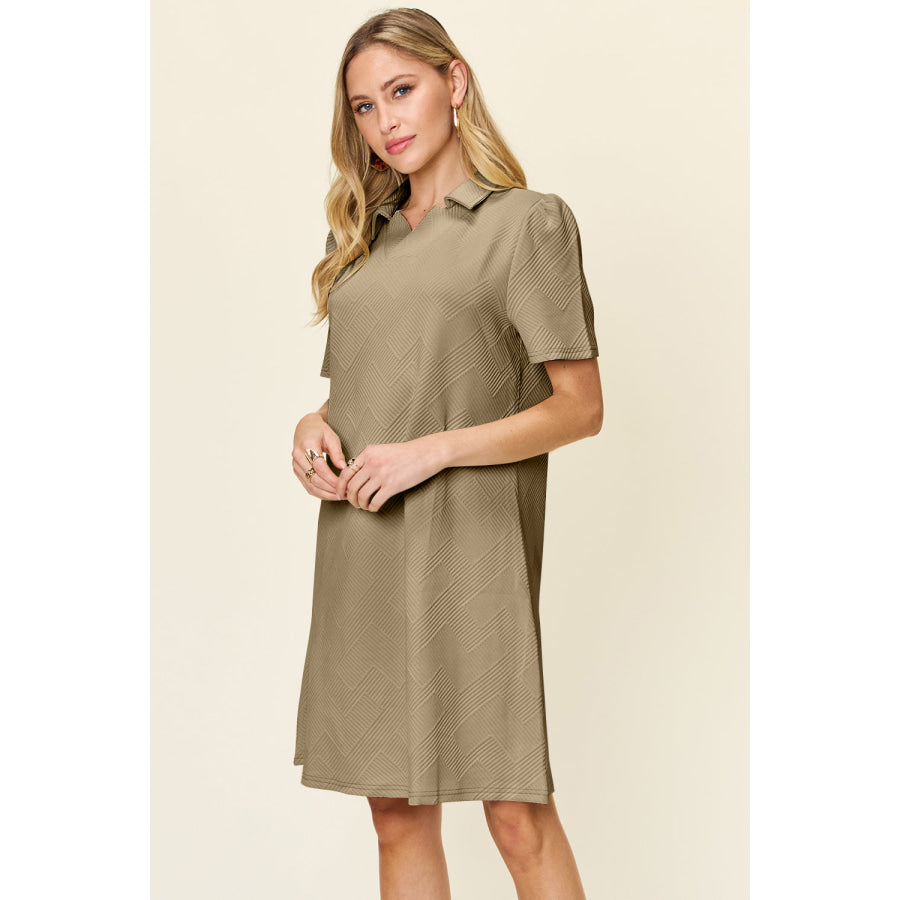 Double Take Full Size Texture Collared Neck Short Sleeve Dress Apparel and Accessories