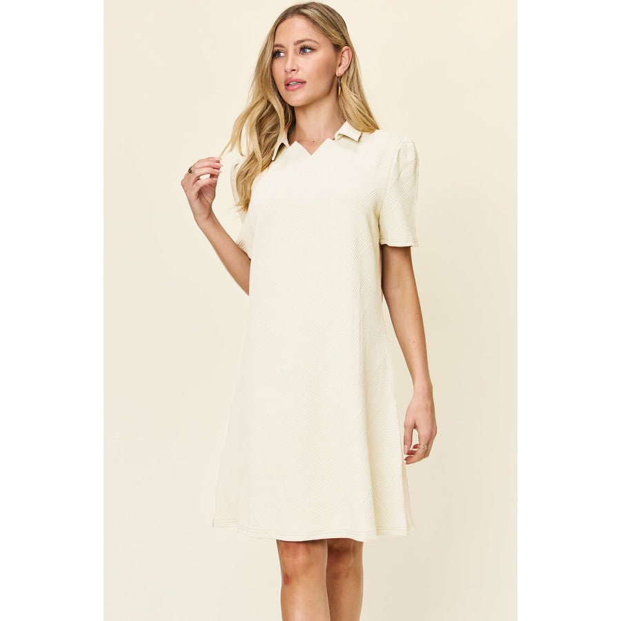 Double Take Full Size Texture Collared Neck Short Sleeve Dress Cream / S Apparel and Accessories