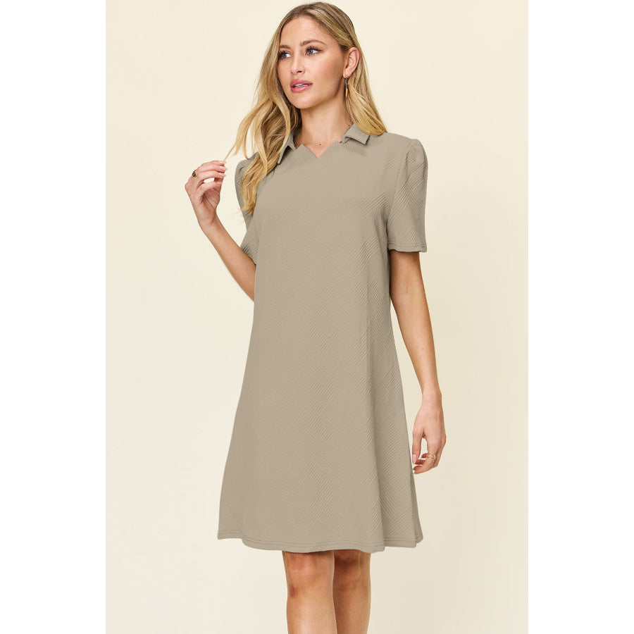 Double Take Full Size Texture Collared Neck Short Sleeve Dress Khaki / S Apparel and Accessories