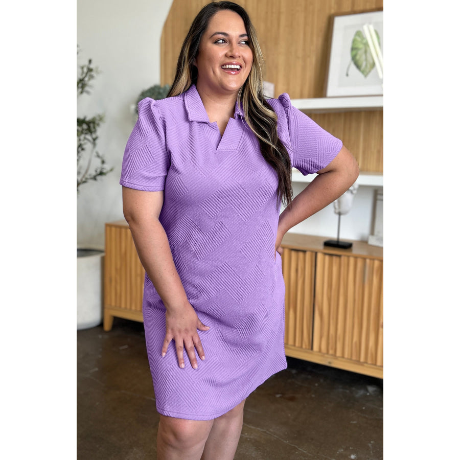 Double Take Full Size Texture Collared Neck Short Sleeve Dress Lavender / S Apparel and Accessories