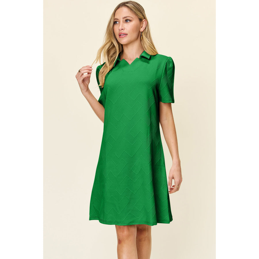 Double Take Full Size Texture Collared Neck Short Sleeve Dress Mid Green / S Apparel and Accessories