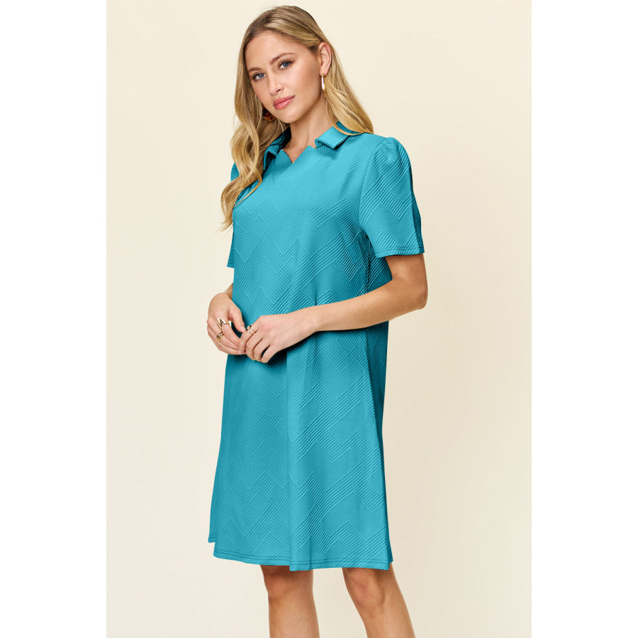 Double Take Full Size Texture Collared Neck Short Sleeve Dress Pastel Blue / S Apparel and Accessories