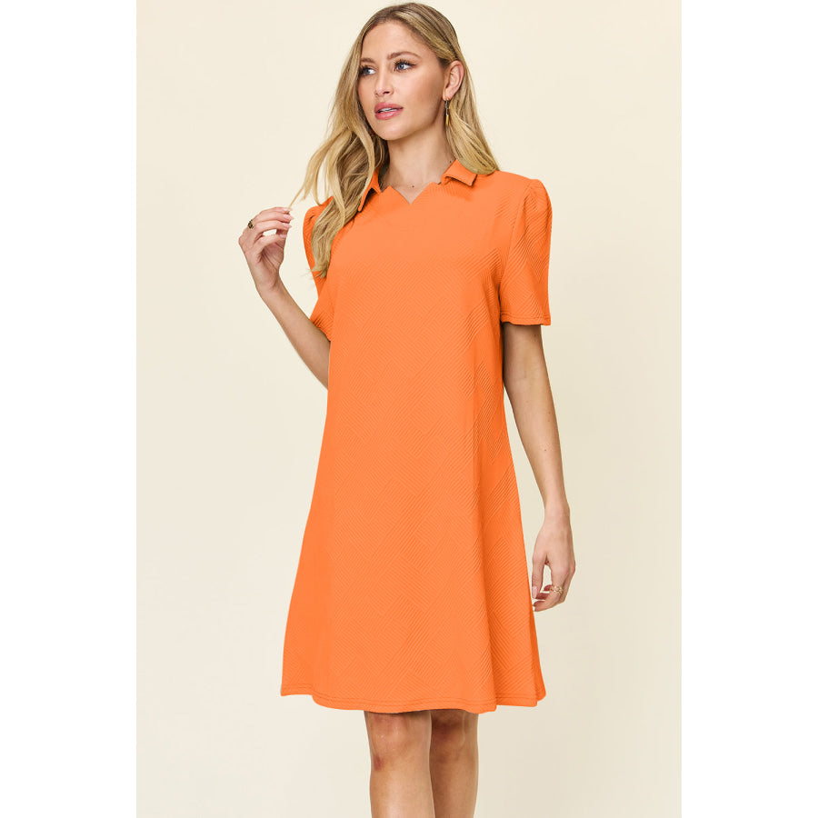 Double Take Full Size Texture Collared Neck Short Sleeve Dress Tangerine / S Apparel and Accessories