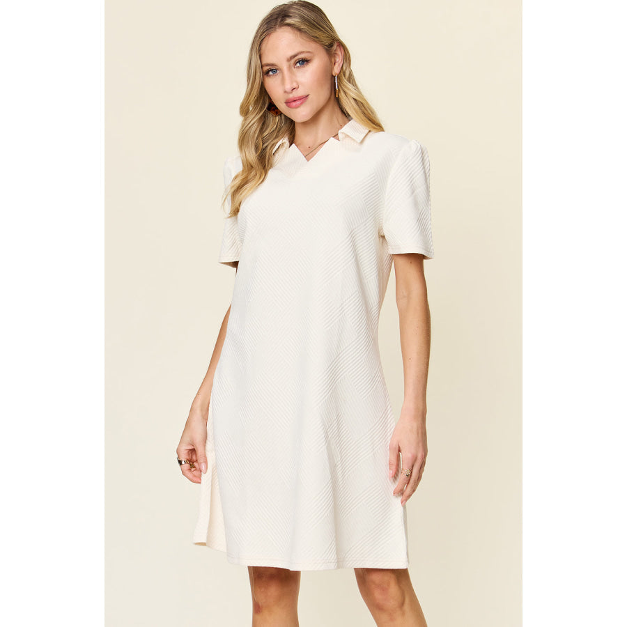 Double Take Full Size Texture Collared Neck Short Sleeve Dress White / S Apparel and Accessories