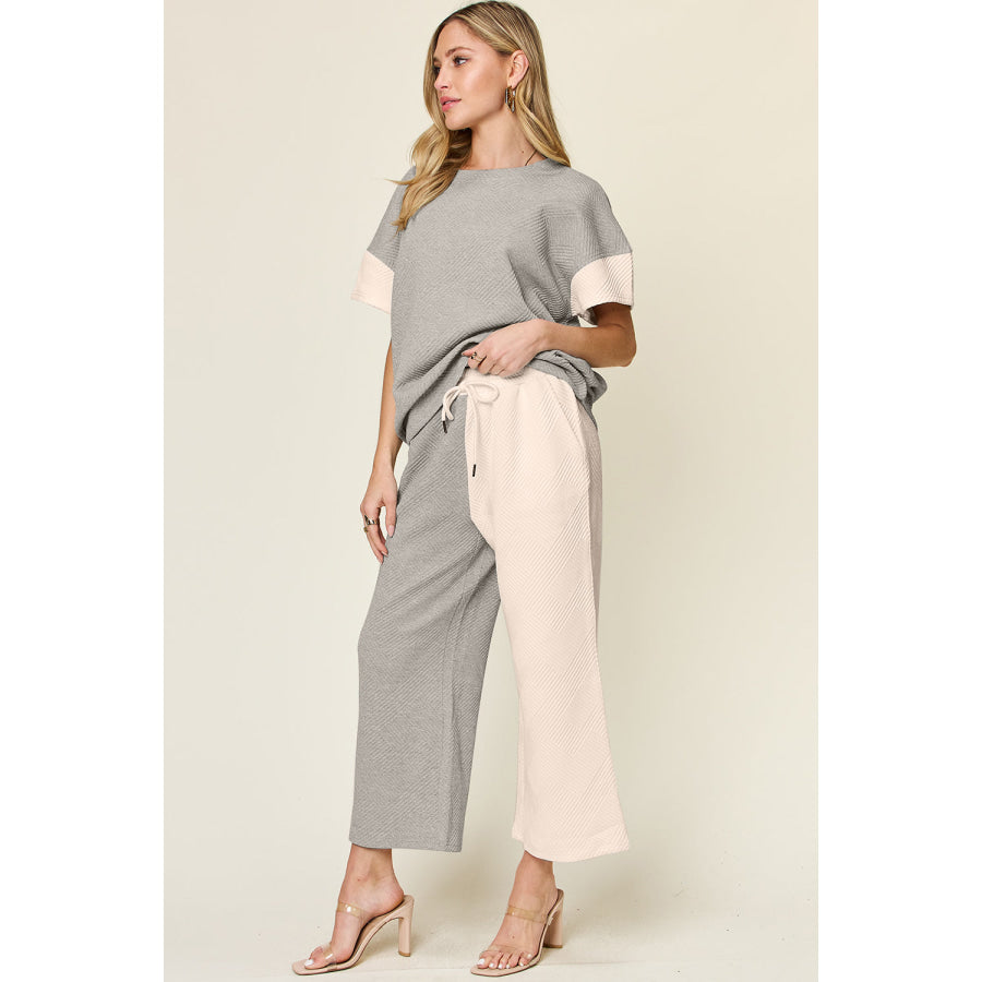 Double Take Full Size Texture Contrast T-Shirt and Wide Leg Pants Set Apparel and Accessories