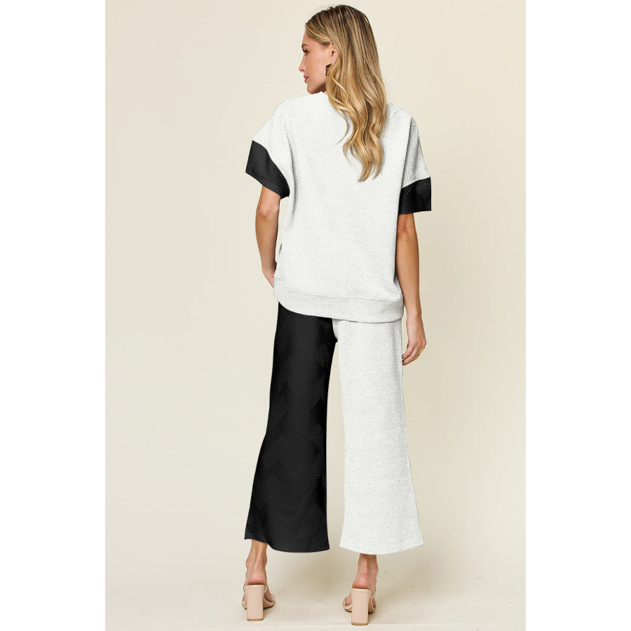 Double Take Full Size Texture Contrast T-Shirt and Wide Leg Pants Set Apparel and Accessories